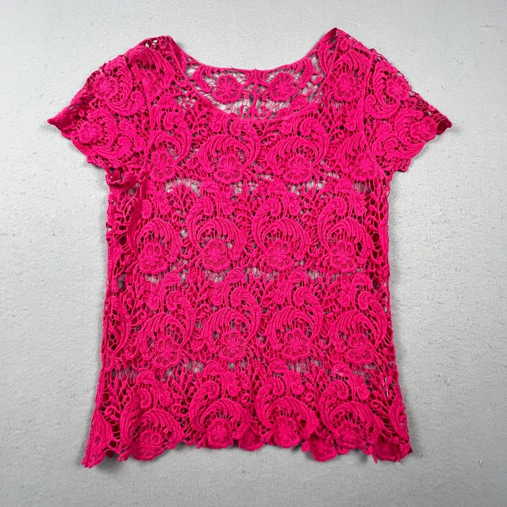 Crochet Blouse Boho Floral Guipure Lace Top Womens M Pink Short Sleeve